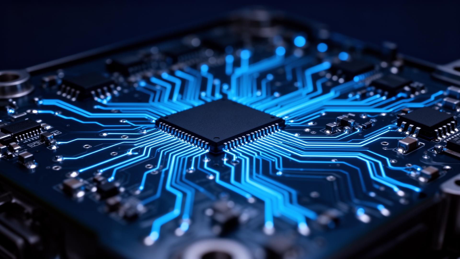 Automotive ECU circuit board with glowing electric blue traces
